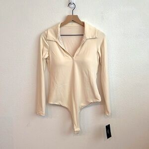 Klassy Network XL Cream V-Neck Polo Long Sleeve Bramisuit